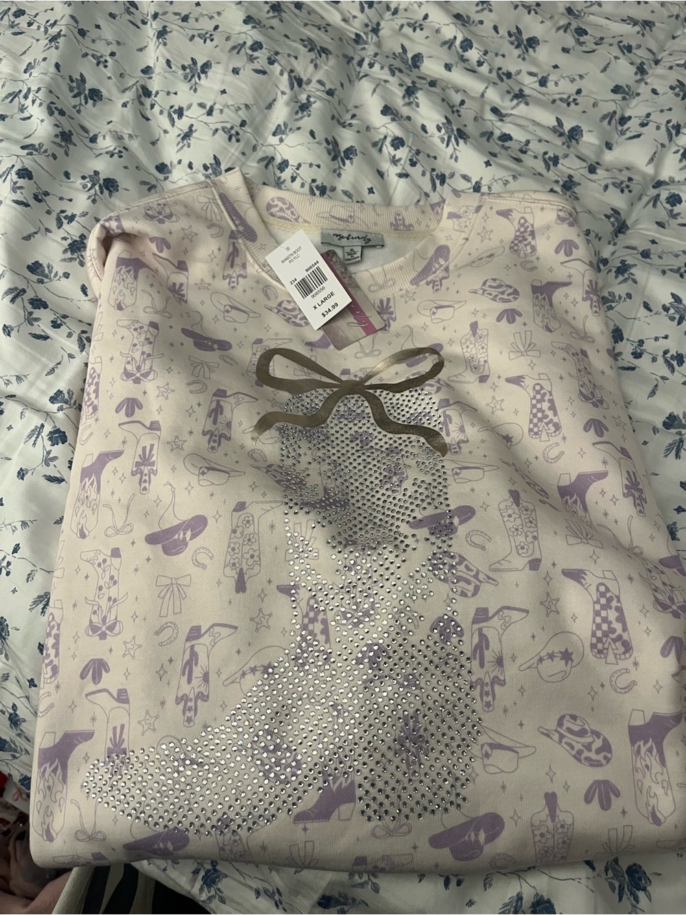Women's Crewneck Sweater - Lilac Graphic with Bow Detail